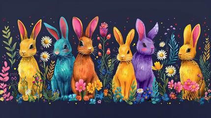 Vibrant collection of naive art style vector illustrations for Easter, featuring abstract rabbit and floral designs alongside bold typographic elements with a spring theme