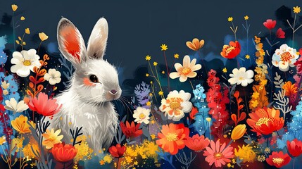 Vibrant collection of naive art style vector illustrations for Easter, featuring abstract rabbit and floral designs alongside bold typographic elements with a spring theme