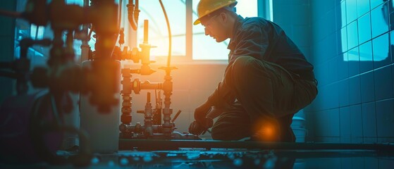 Professional plumber working on pipes at sunrise, performing maintenance and repairs. Warm lighting and industrial setting.