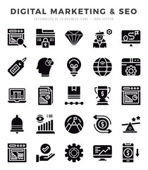 Digital Marketing & SEO Glyph icons collection. 25 icon set. Vector illustration.