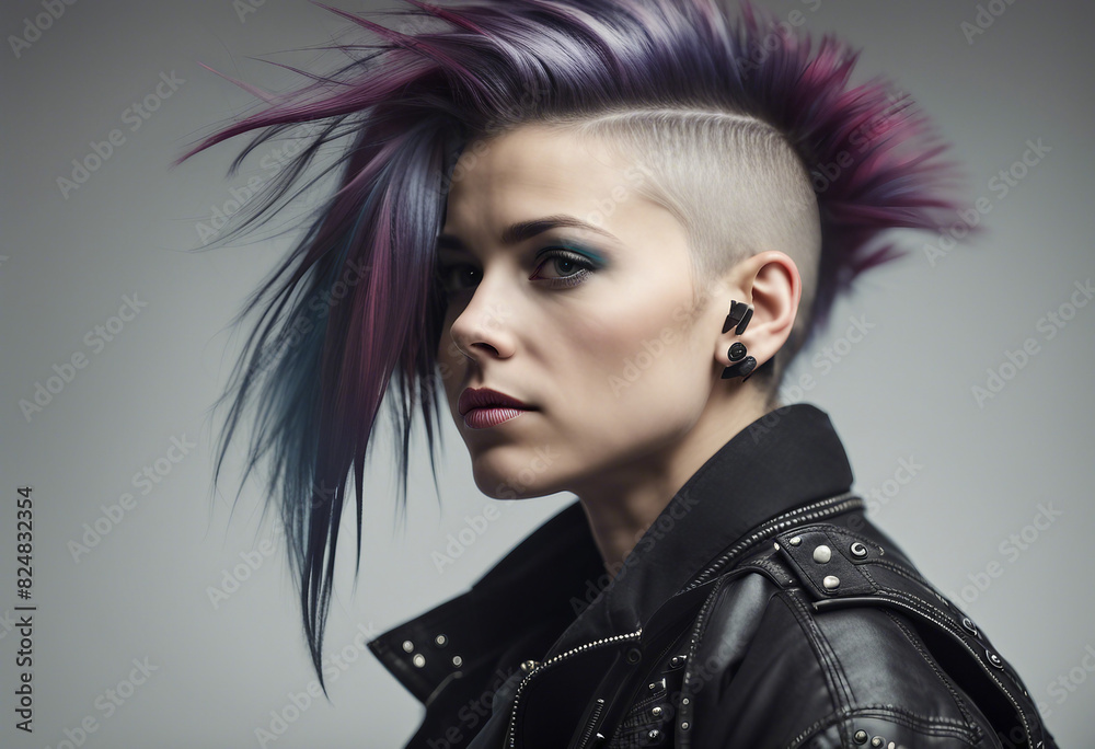 Wall mural portrait of a girl in a punk outfit with hair shaved on the side, isolated white background