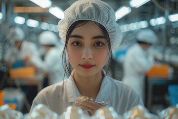 Workers wearing protective clothing are working on the assembly line