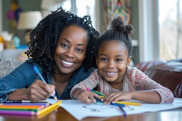 Fototapeta premium African American mothers and daughters write at home