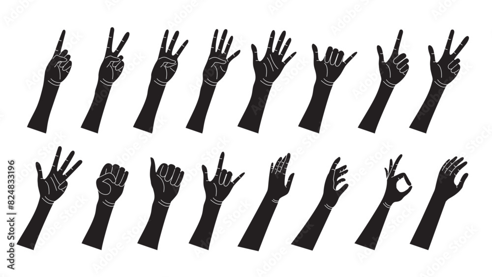 Wall mural Human Hand Poses and Gestures. Black silhouette Male and Female Hands Counting Numbers, Thumbs Up, Open Palms. Shadow of Palms and Wrists Vector Set for Communication and Messaging. Vector. - Wall murals