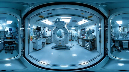 Wide-angle panoramic image of a state-of-the-art medical laboratory with various machines and medical equipment, showcasing healthcare technology