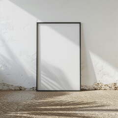 Blank frame in an empty room with a white wall and a sisal floor. 3D rendered mockup in ultra HD.