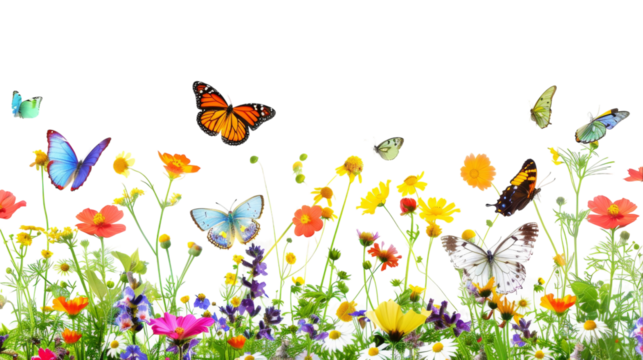 A vibrant field filled with colorful flowers attracting numerous butterflies fluttering around