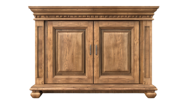 A wooden cabinet featuring two doors and two drawers, showcasing its functional design for storing items