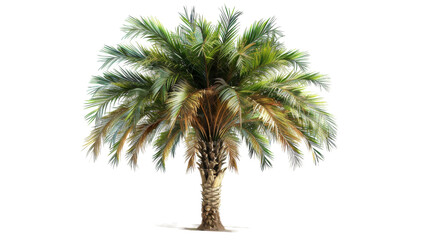A single palm tree standing against a plain white background