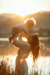 Mother and toddler under the sunset