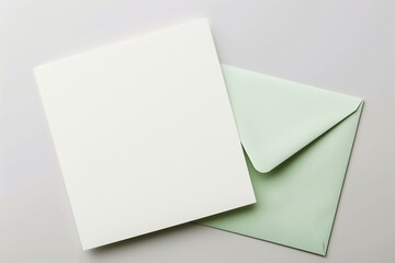 Preparation for a greeting card. Blank white card with pale green envelope, template mock up.