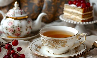 Fototapeta premium In the foreground a porcelain cup of English tea with a porcelain teapot, Generative AI