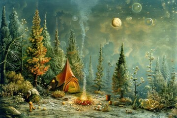Delightful 3D scene of a family camping adventure