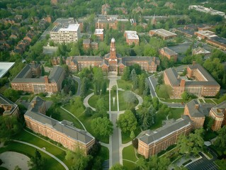 Aerial view of a university campus featuring historic brick buildings, lush greenery, and pathways.