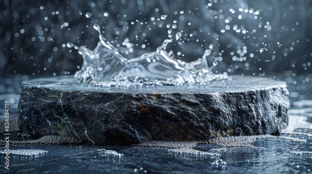 Wall mural dynamic image of water splashing dramatically over a round stone platform set against a dark, moody 