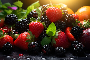 Forest fruits. Blackberries, strawberries and raspberries.