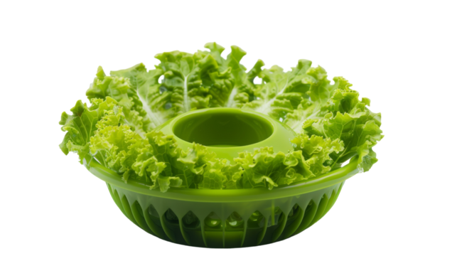 A green colander filled with fresh lettuce leaves