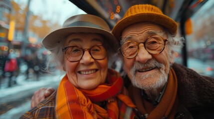 A joyful senior couple takes a selfie on a city bus, highlighting their adventurous spirit and love for life - Powered by Adobe