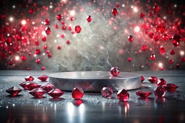A minimalistic background for the demonstration of jewelry products. A modern empty podium with a gray wall and rubies. Creative design for product presentation.