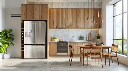 frontal view inox refrigerator in a kitchen with table and chairs