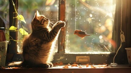 A fat cat swatting at a toy bird hanging from a string, its body poised for action, in a sunlit...