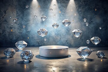 A minimalistic background for the demonstration of jewelry products. A modern empty podium with a gray wall and diamonds. Creative design for product presentation.