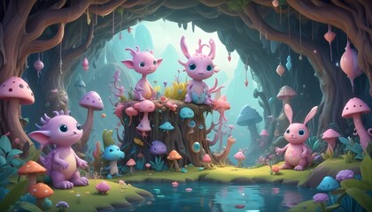 "Craft a surreal scene of dreamlike creatures inhabiting a fantastical realm generated by AI."