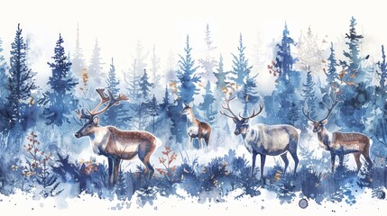 A watercolor painting of a herd of reindeer walking through a snowy forest