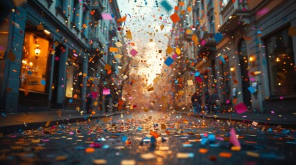 A vibrant city street covered in colorful confetti, evoking a festive atmosphere of celebration or...