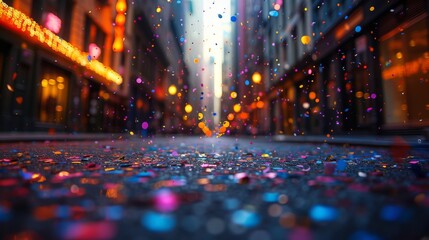 A captivating image highlighting vibrant confetti scattered on a street with city lights and bokeh effects