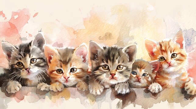 A watercolor painting of a row of cute kittens
