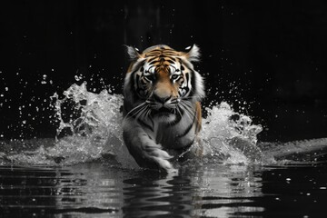 Black and white tiger on black background running towards on water