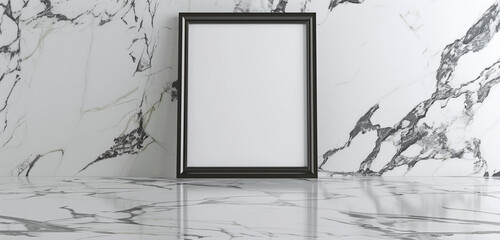 Minimalist gallery showcasing a 3D empty frame on a refined White Himalaya marble floor.