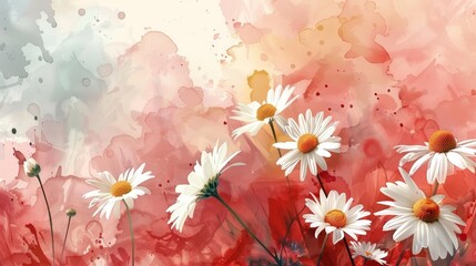 Abstract watercolor painting of white daisies on a pink background.