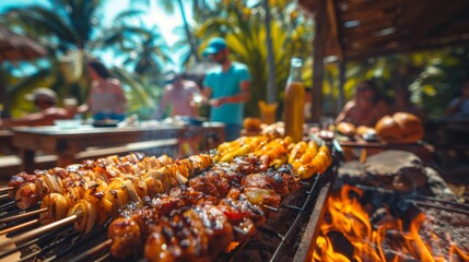 Skewered meat cooking on a grill at a tropical outdoor gathering with people in the sunny background