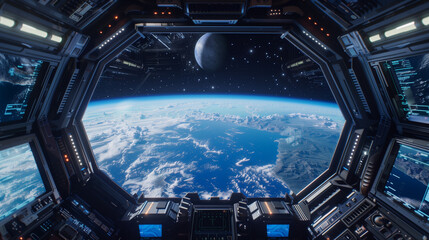 Alien Invasion from the Perspective of Aliens: The view from inside an alien spaceship, looking down on Earth as they prepare to invade, with alien technology and control panels in the foreground