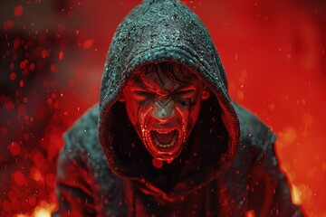 Depicting a young angry man screaming from a hooded sweatshirt on dark background