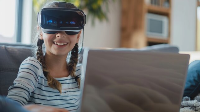 Smiling 10-year-old girl sitting on sofa with vr headset, laptop, and canon r6 mark ii, 35mm lens