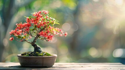 Japanese bonsai colorful plant on wooden table on blurred background.