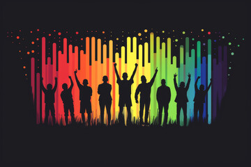 Silhouettes of people celebrating with vibrant rainbow bars in the background, symbolizing unity, diversity, and joy in a colorful abstract style.