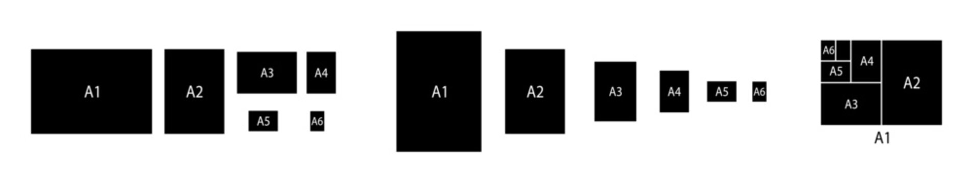 Series A black paper in a1 a2 a3 a4 a5 a6 format with international standard labels and sizes.