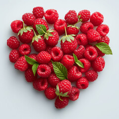 Obraz premium A heart shaped arrangement of fresh, ripe raspberries and green leaves isolated on a white background. perfect for eco farming, harvestthemes of love, healthy snacks, food, and nutrition.