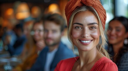 Beautiful woman with a headscarf is smiling with her friends enjoying a moment in a cafe