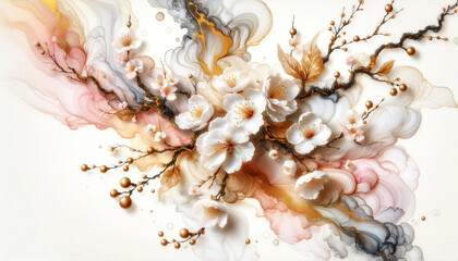 Abstract flowers sakura branch with fluid alcohol ink paint and gold accent soft tones on white background.
