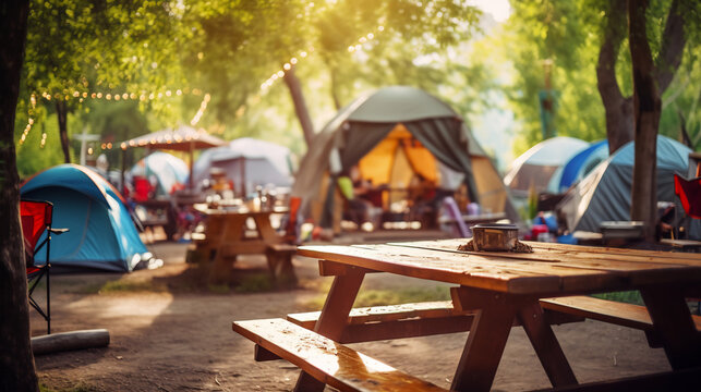 Vibrant festival campground with colorful tents and picnic tables, festive outdoor gathering space