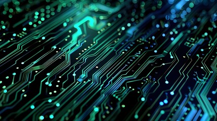 Intricate Digital Circuit Board in Vibrant Green and Blue Tones