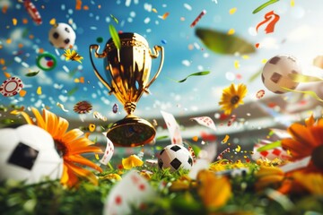 sunny day on soccer field, golden trophies, poker chips, flowers and green leaves swirling in air