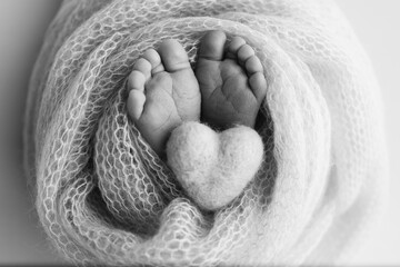 The tiny foot of a newborn baby. Soft feet of a new born in a wool blanket. Close up of toes, heels and feet of a newborn. Knitted heart in the legs of a baby. Black and white Macro photography. 