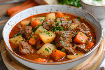 A delicious bowl of traditional Hungarian goulash, featuring tender chunks of beef, potatoes, carrots, and onions in a rich, paprika-infused broth