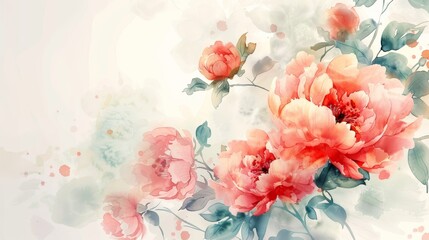 Delicate watercolor painting of pink and coral roses with green leaves on a white background.